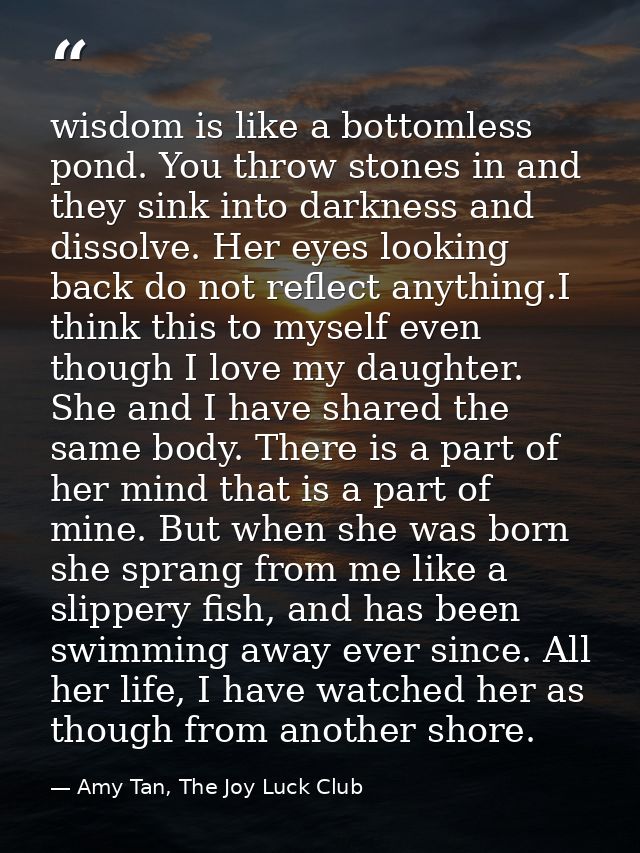 wisdom is like a bottomless pond. You throw stones in and they sink into darkness and dissolve. Her eyes looking back do — Amy Tan, The Joy Luck Club