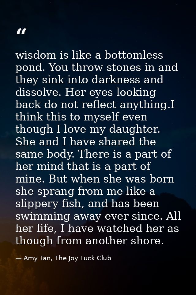 wisdom is like a bottomless pond. You throw stones in and they sink into darkness and dissolve. Her eyes looking back do — Amy Tan, The Joy Luck Club