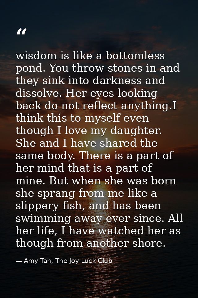 wisdom is like a bottomless pond. You throw stones in and they sink into darkness and dissolve. Her eyes looking back do — Amy Tan, The Joy Luck Club