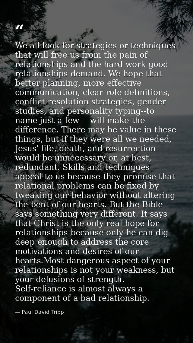 We all look for strategies or techniques that will free us from the pain of relationships and the hard work good relatio — Paul David Tripp