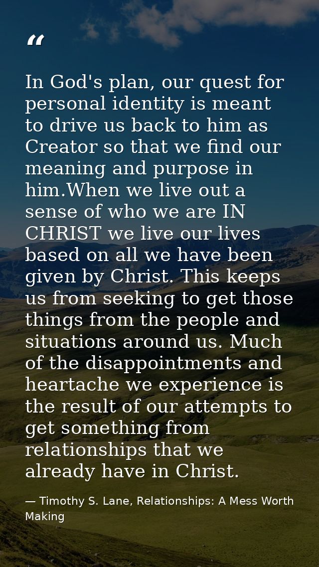 In God's plan, our quest for personal identity is meant to drive us back to him as Creator so that we find our meaning a — Timothy S. Lane, Relationships: A Mess Worth Making