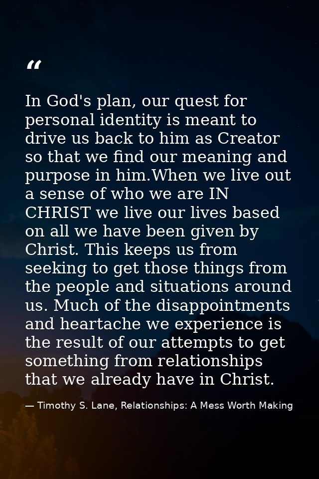 In God's plan, our quest for personal identity is meant to drive us back to him as Creator so that we find our meaning a — Timothy S. Lane, Relationships: A Mess Worth Making