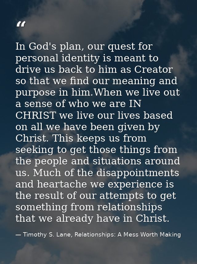 In God's plan, our quest for personal identity is meant to drive us back to him as Creator so that we find our meaning a — Timothy S. Lane, Relationships: A Mess Worth Making