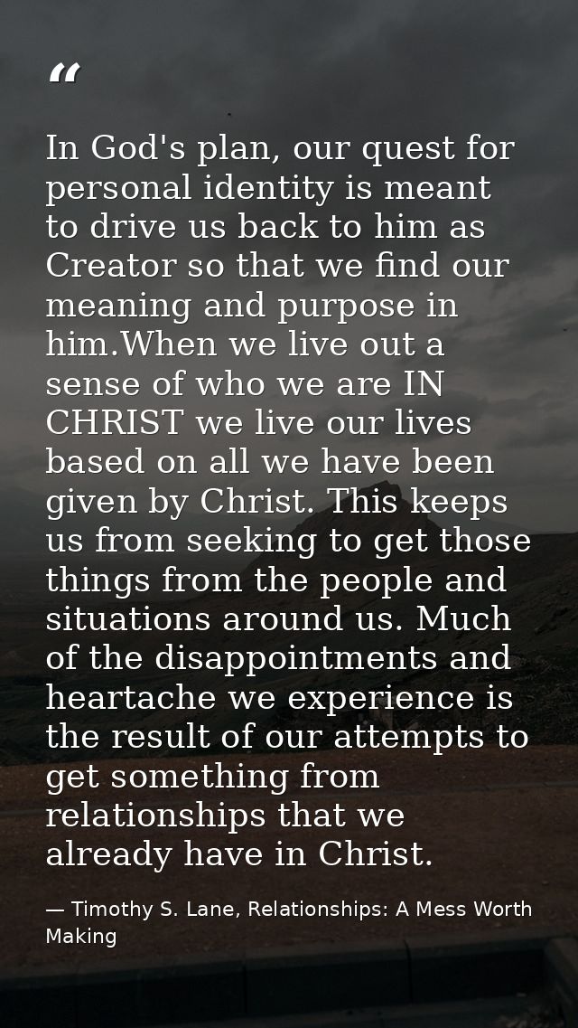 In God's plan, our quest for personal identity is meant to drive us back to him as Creator so that we find our meaning a — Timothy S. Lane, Relationships: A Mess Worth Making