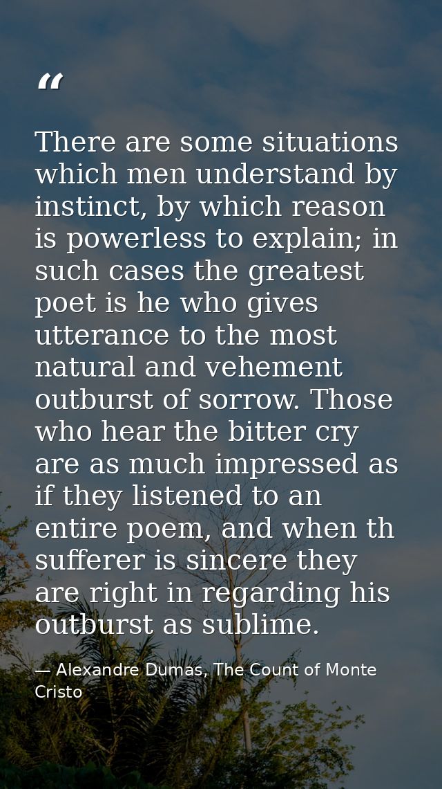 There are some situations which men understand by instinct, by which reason is powerless to explain; in such cases the g — Alexandre Dumas, The Count of Monte Cristo
