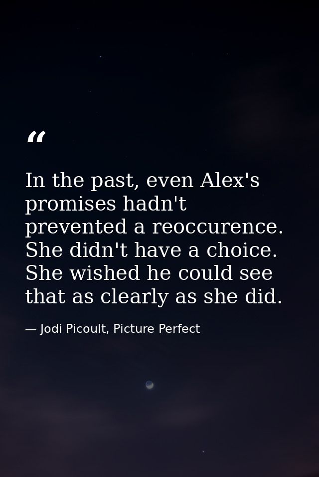 In the past, even Alex's promises hadn't prevented a reoccurence. She didn't have a choice. She wished he could see that — Jodi Picoult, Picture Perfect