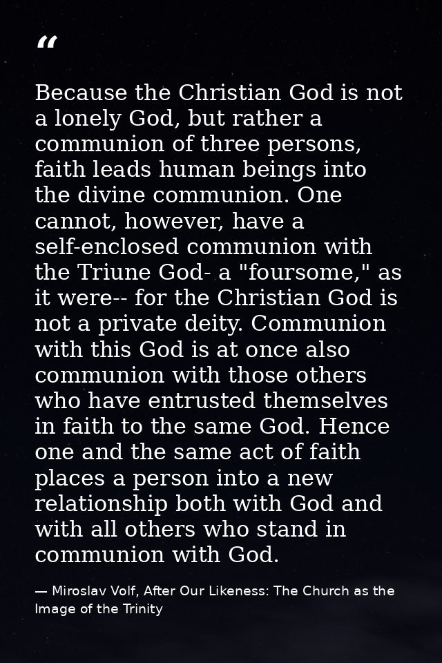 Because the Christian God is not a lonely God, but rather a communion of three persons, faith leads human beings into th — Miroslav Volf, After Our Likeness: The Church as the Image of the Trinity