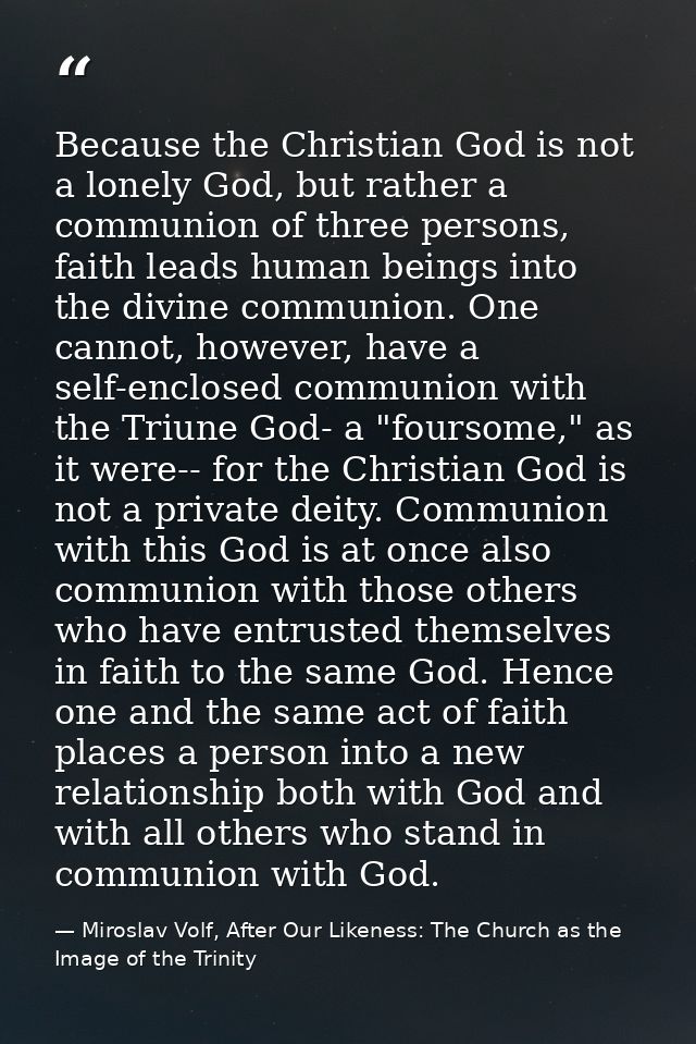 Because the Christian God is not a lonely God, but rather a communion of three persons, faith leads human beings into th — Miroslav Volf, After Our Likeness: The Church as the Image of the Trinity