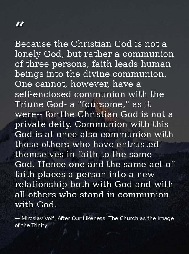 Because the Christian God is not a lonely God, but rather a communion of three persons, faith leads human beings into th — Miroslav Volf, After Our Likeness: The Church as the Image of the Trinity