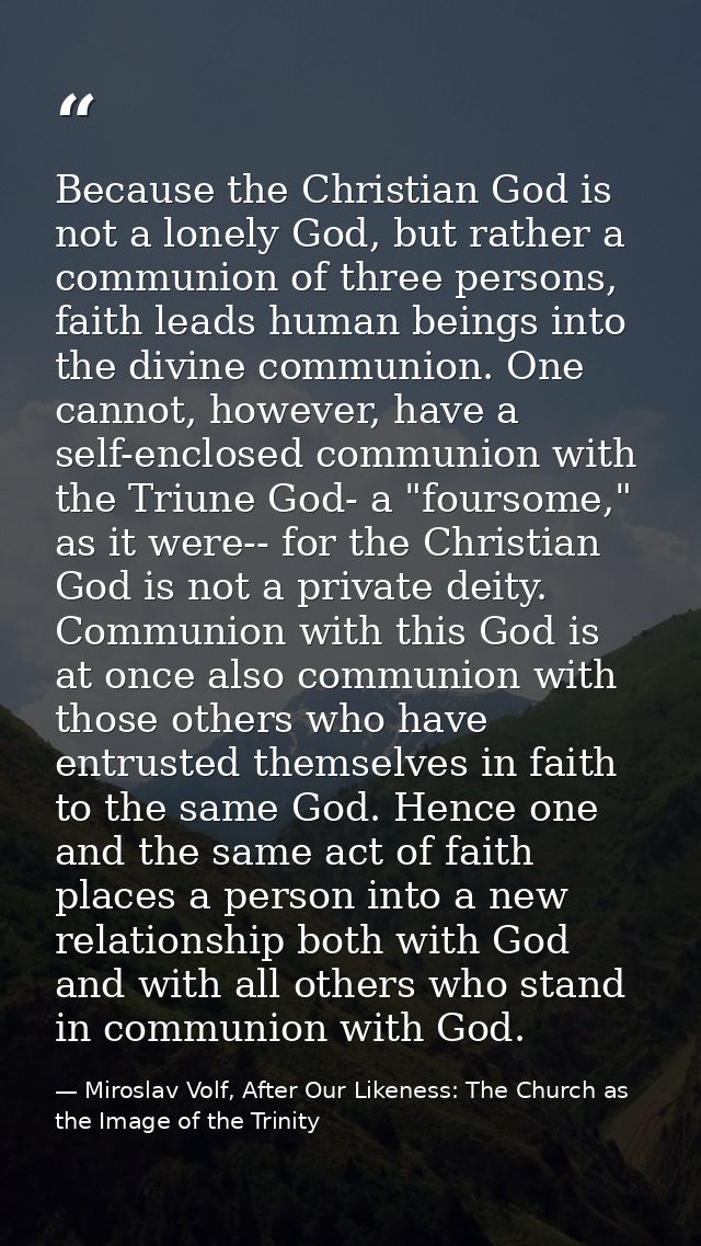 Because the Christian God is not a lonely God, but rather a communion of three persons, faith leads human beings into th — Miroslav Volf, After Our Likeness: The Church as the Image of the Trinity