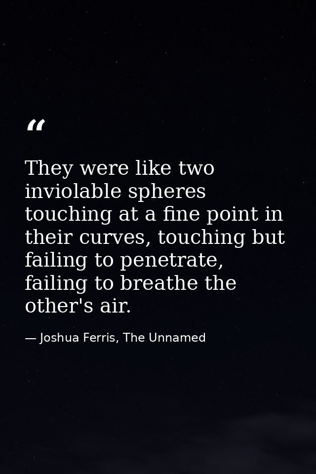 They were like two inviolable spheres touching at a fine point in their curves, touching but failing to penetrate, faili — Joshua Ferris, The Unnamed