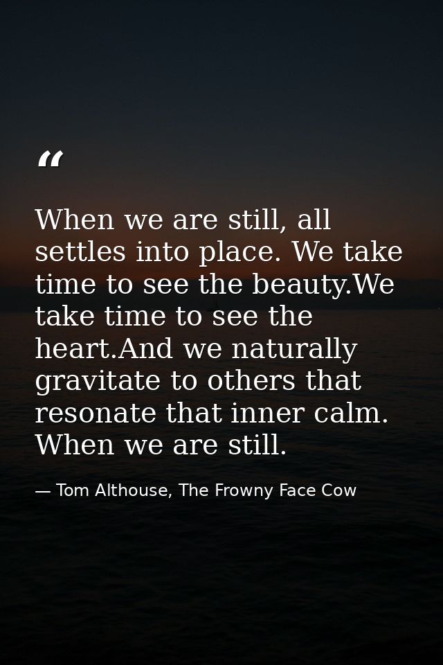 When we are still, all settles into place. We take time to see the beauty.We take time to see the heart.And we naturally — Tom Althouse, The Frowny Face Cow