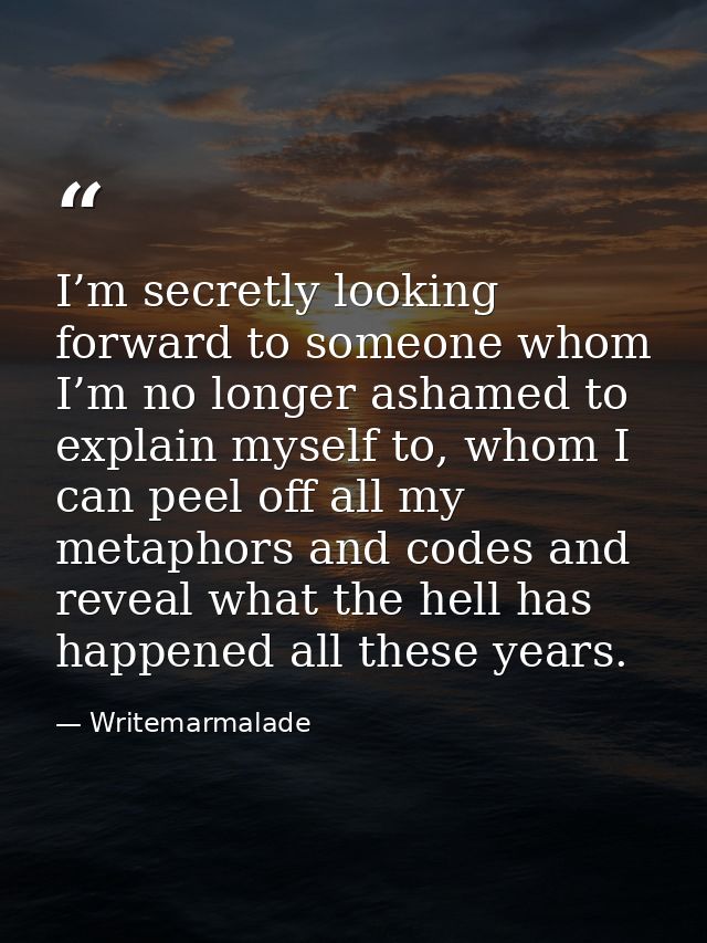 I’m secretly looking forward to someone whom I’m no longer ashamed to explain myself to, whom I can peel off all my meta — Writemarmalade