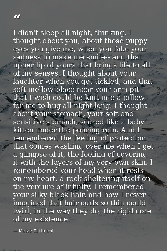 I didn't sleep all night, thinking. I thought about you, about those puppy eyes you give me, when you fake your sadness  — Malak El Halabi