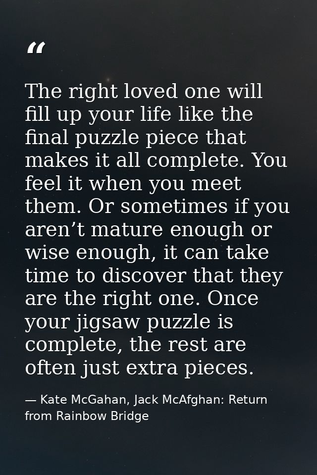 The right loved one will fill up your life like the final puzzle piece that makes it all complete. You feel it when you  — Kate McGahan, Jack McAfghan: Return from Rainbow Bridge