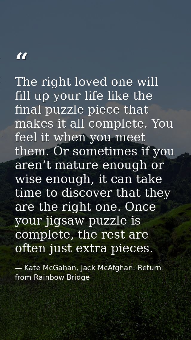 The right loved one will fill up your life like the final puzzle piece that makes it all complete. You feel it when you  — Kate McGahan, Jack McAfghan: Return from Rainbow Bridge