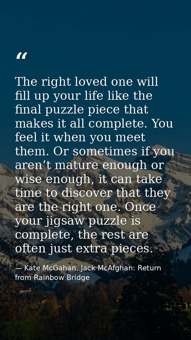The right loved one will fill up your life like the final puzzle piece that makes it all complete. You feel it when you  — Kate McGahan, Jack McAfghan: Return from Rainbow Bridge