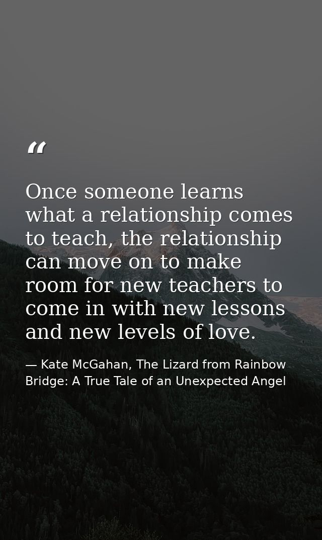 Once someone learns what a relationship comes to teach, the relationship can move on to make room for new teachers to co — Kate McGahan, The Lizard from Rainbow Bridge: A True Tale of an Unexpected Angel