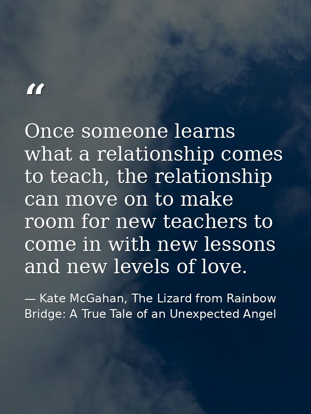 Once someone learns what a relationship comes to teach, the relationship can move on to make room for new teachers to co — Kate McGahan, The Lizard from Rainbow Bridge: A True Tale of an Unexpected Angel
