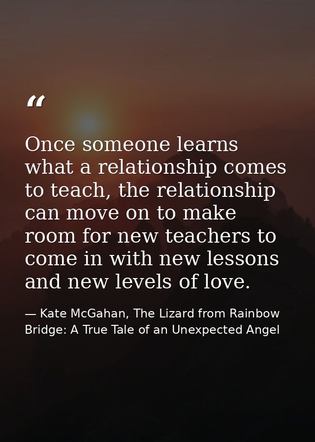 Once someone learns what a relationship comes to teach, the relationship can move on to make room for new teachers to co — Kate McGahan, The Lizard from Rainbow Bridge: A True Tale of an Unexpected Angel