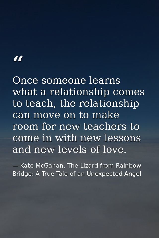 Once someone learns what a relationship comes to teach, the relationship can move on to make room for new teachers to co — Kate McGahan, The Lizard from Rainbow Bridge: A True Tale of an Unexpected Angel