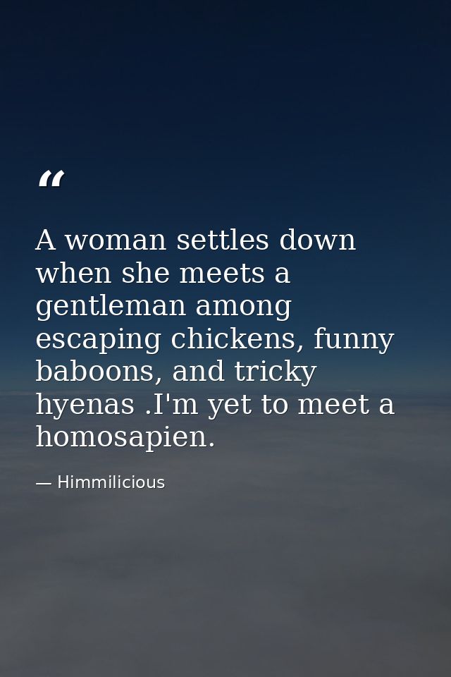 A woman settles down when she meets a gentleman among escaping chickens, funny baboons, and tricky hyenas .I'm yet to me — Himmilicious