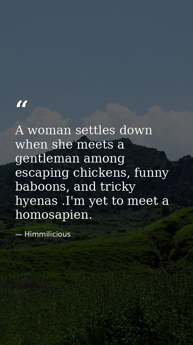 A woman settles down when she meets a gentleman among escaping chickens, funny baboons, and tricky hyenas .I'm yet to me — Himmilicious