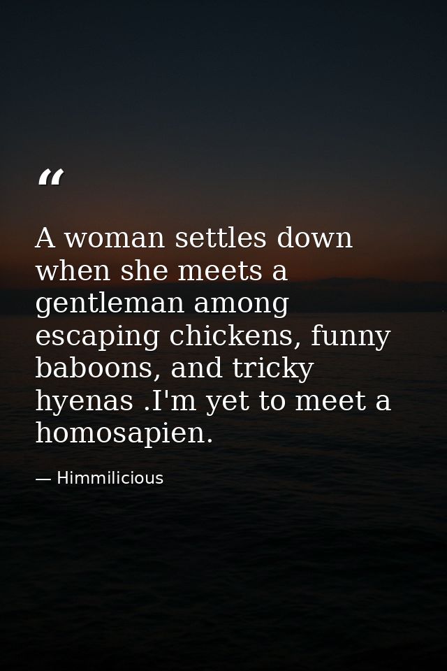 A woman settles down when she meets a gentleman among escaping chickens, funny baboons, and tricky hyenas .I'm yet to me — Himmilicious