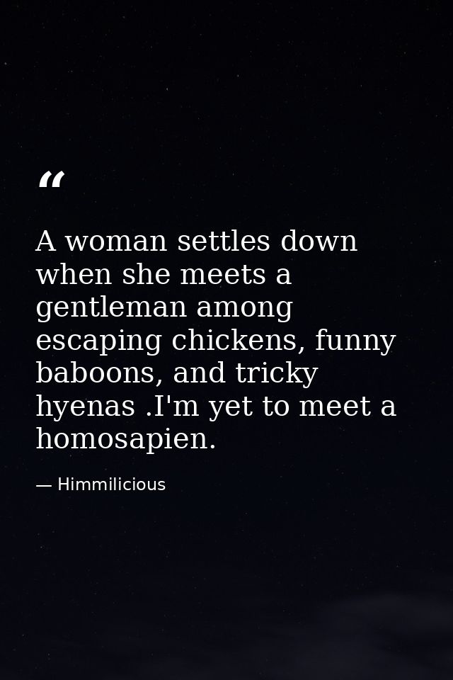A woman settles down when she meets a gentleman among escaping chickens, funny baboons, and tricky hyenas .I'm yet to me — Himmilicious