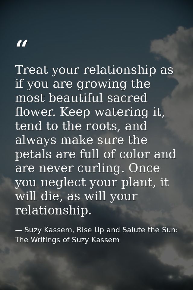 Treat your relationship as if you are growing the most beautiful sacred flower. Keep watering it, tend to the roots, and — Suzy Kassem, Rise Up and Salute the Sun: The Writings of Suzy Kassem