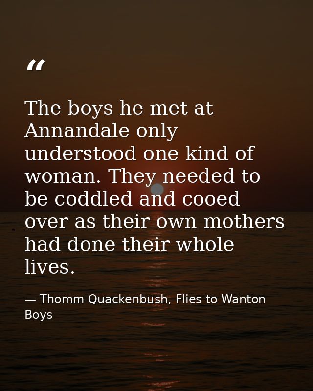 The boys he met at Annandale only understood one kind of woman. They needed to be coddled and cooed over as their own mo — Thomm Quackenbush, Flies to Wanton Boys
