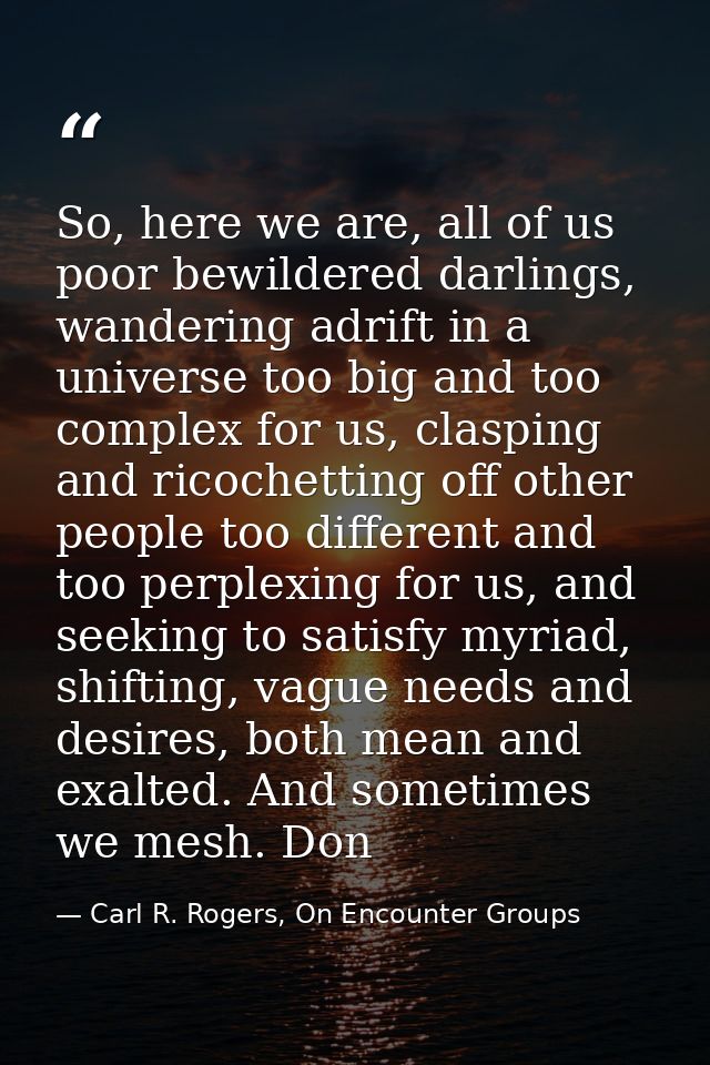 So, here we are, all of us poor bewildered darlings, wandering adrift in a universe too big and too complex for us, clas — Carl R. Rogers, On Encounter Groups