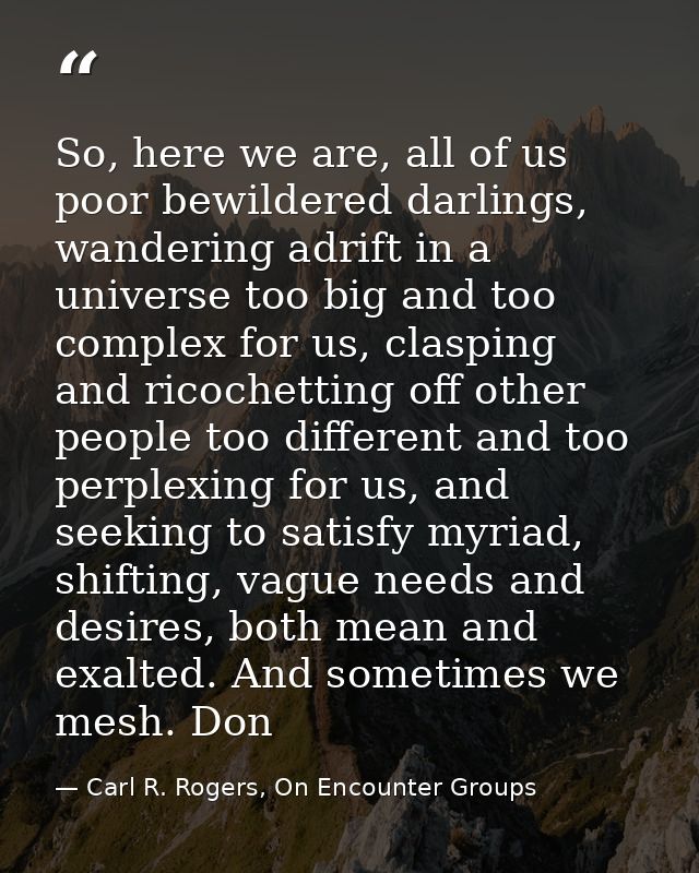 So, here we are, all of us poor bewildered darlings, wandering adrift in a universe too big and too complex for us, clas — Carl R. Rogers, On Encounter Groups