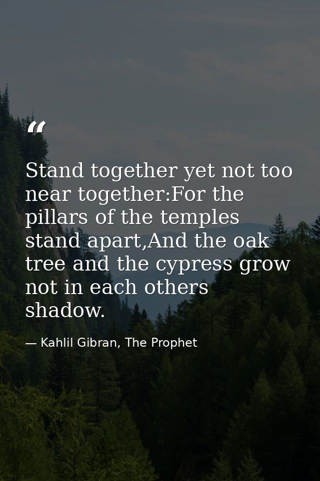 Stand together yet not too near together:For the pillars of the temples stand apart,And the oak tree and the cypress gro — Kahlil Gibran, The Prophet