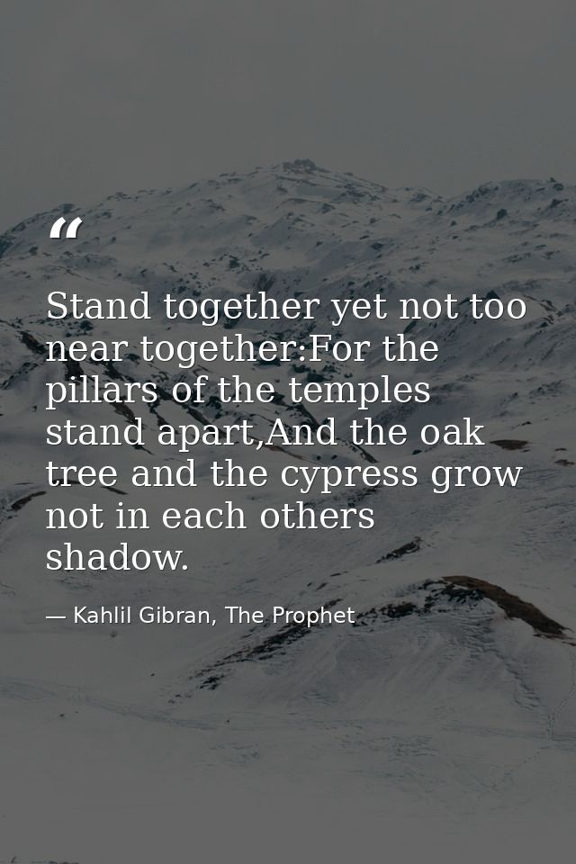 Stand together yet not too near together:For the pillars of the temples stand apart,And the oak tree and the cypress gro — Kahlil Gibran, The Prophet