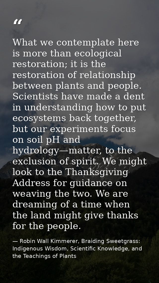 What we contemplate here is more than ecological restoration; it is the restoration of relationship between plants and p — Robin Wall Kimmerer, Braiding Sweetgrass: Indigenous Wisdom, Scientific Knowledge, and the Teachings of Plants