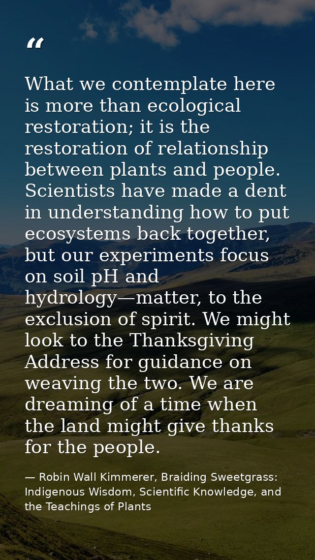 What we contemplate here is more than ecological restoration; it is the restoration of relationship between plants and p — Robin Wall Kimmerer, Braiding Sweetgrass: Indigenous Wisdom, Scientific Knowledge, and the Teachings of Plants