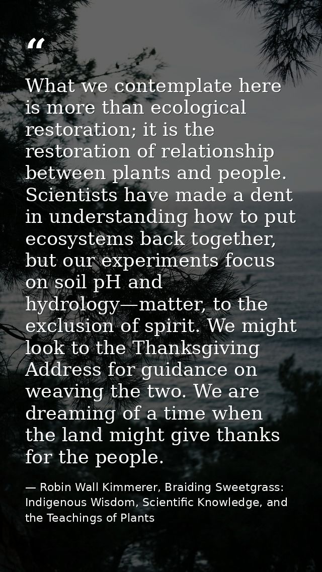 What we contemplate here is more than ecological restoration; it is the restoration of relationship between plants and p — Robin Wall Kimmerer, Braiding Sweetgrass: Indigenous Wisdom, Scientific Knowledge, and the Teachings of Plants