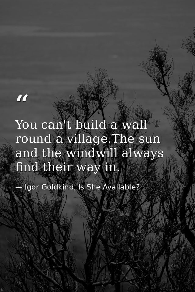 You can't build a wall round a village.The sun and the windwill always find their way in. — Igor Goldkind, Is She Available?