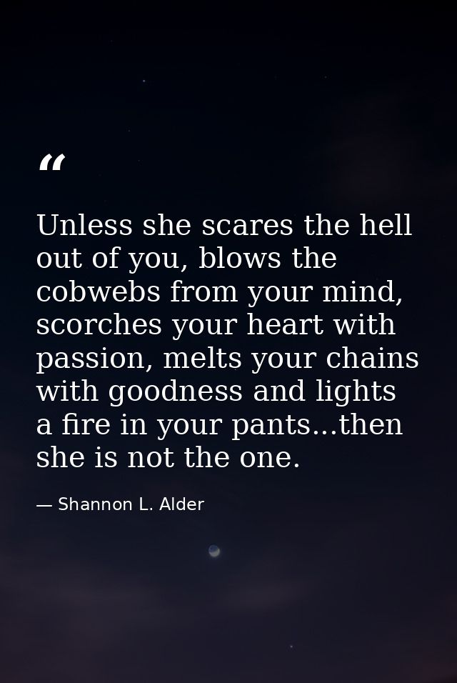 Unless she scares the hell out of you, blows the cobwebs from your mind, scorches your heart with passion, melts your ch — Shannon L. Alder