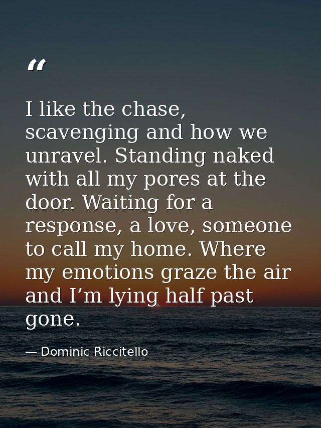 I like the chase, scavenging and how we unravel. Standing naked with all my pores at the door. Waiting for a response, a — Dominic Riccitello