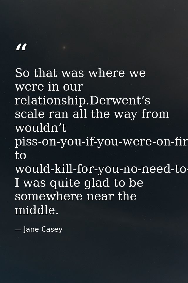 So that was where we were in our relationship.Derwent’s scale ran all the way from wouldn’t piss-on-you-if-you-were-on-f — Jane Casey