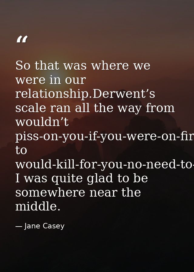 So that was where we were in our relationship.Derwent’s scale ran all the way from wouldn’t piss-on-you-if-you-were-on-f — Jane Casey