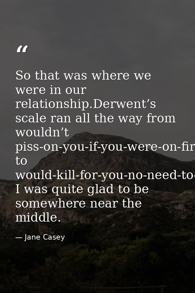 So that was where we were in our relationship.Derwent’s scale ran all the way from wouldn’t piss-on-you-if-you-were-on-f — Jane Casey