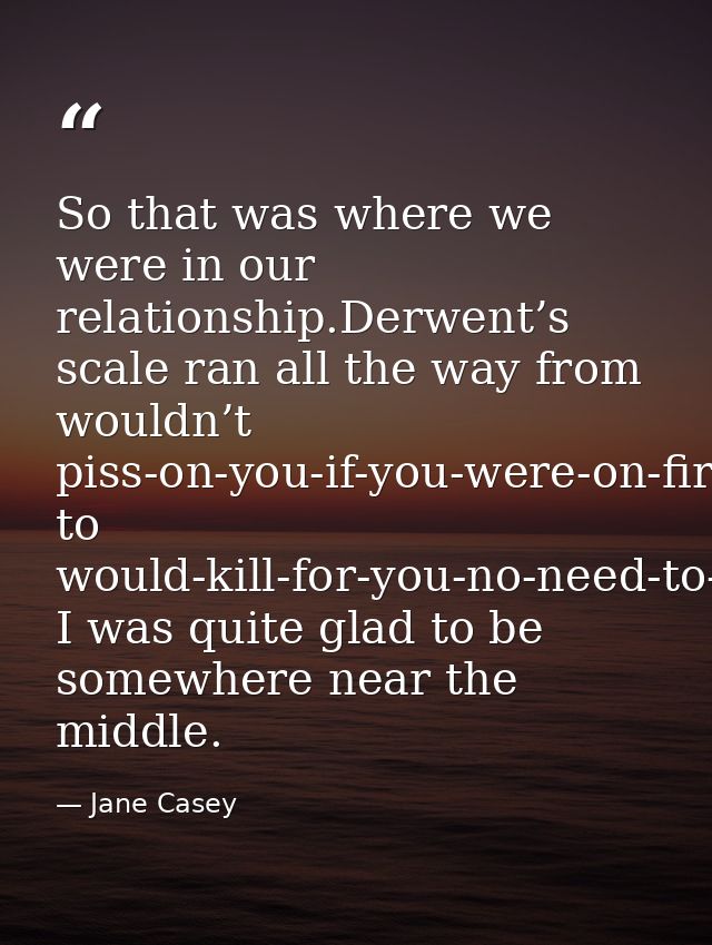 So that was where we were in our relationship.Derwent’s scale ran all the way from wouldn’t piss-on-you-if-you-were-on-f — Jane Casey