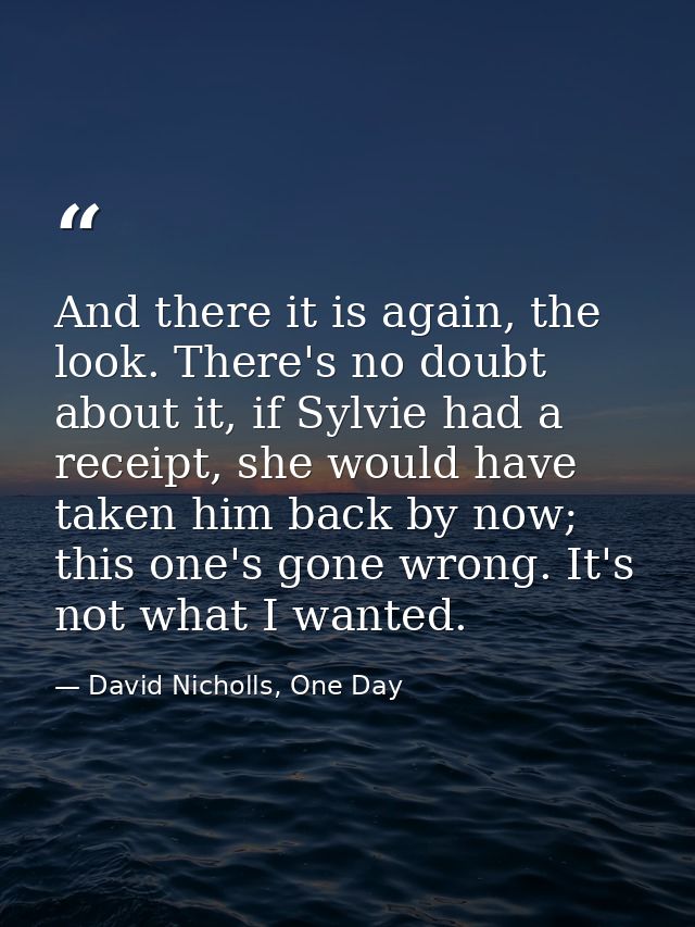 And there it is again, the look. There's no doubt about it, if Sylvie had a receipt, she would have taken him back by no — David Nicholls, One Day