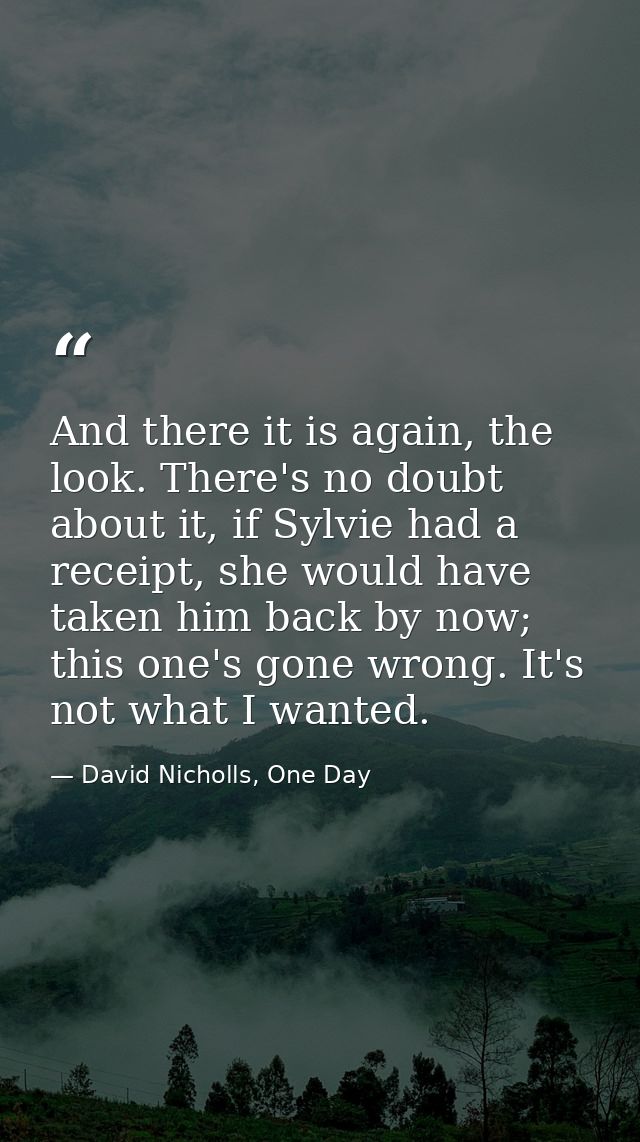 And there it is again, the look. There's no doubt about it, if Sylvie had a receipt, she would have taken him back by no — David Nicholls, One Day