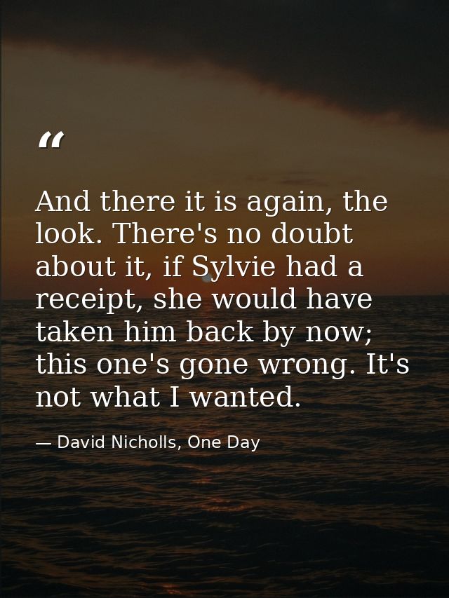 And there it is again, the look. There's no doubt about it, if Sylvie had a receipt, she would have taken him back by no — David Nicholls, One Day