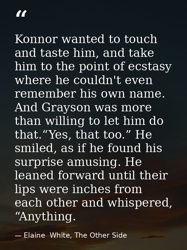 Konnor wanted to touch and taste him, and take him to the point of ecstasy where he couldn't even remember his own name. — Elaine  White, The Other Side