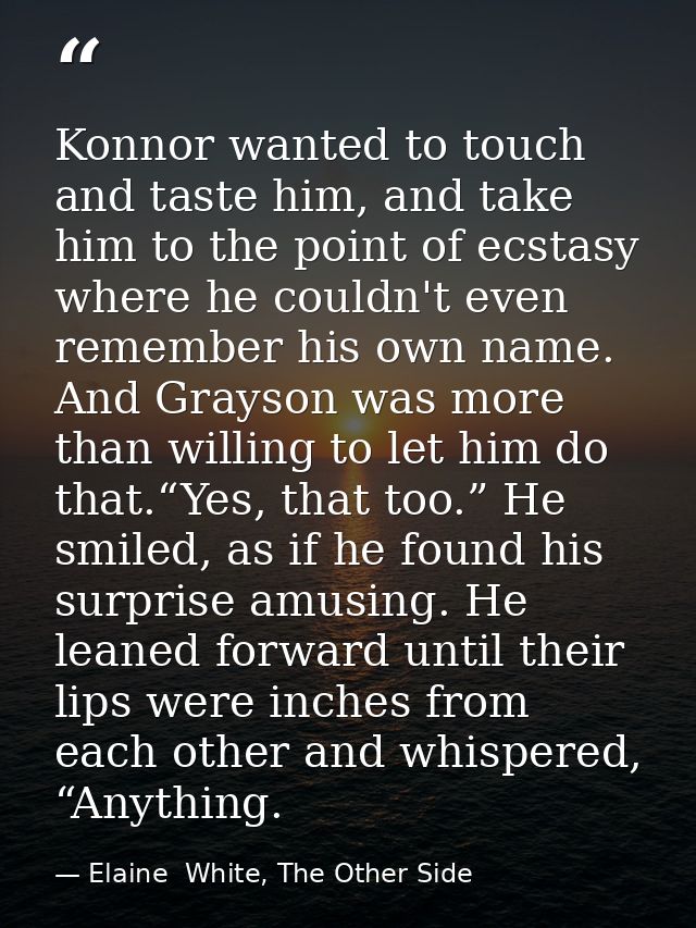 Konnor wanted to touch and taste him, and take him to the point of ecstasy where he couldn't even remember his own name. — Elaine  White, The Other Side